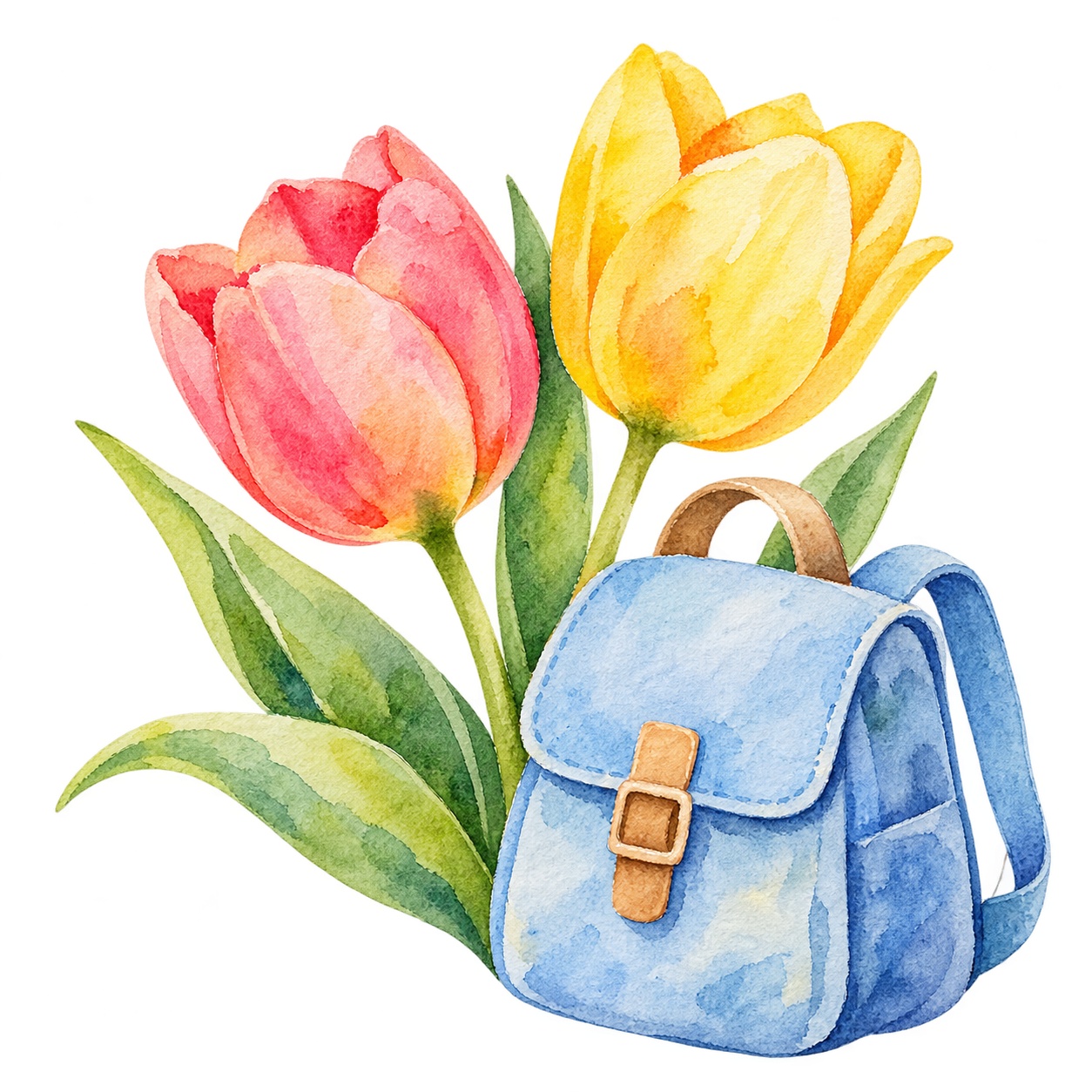 4月のチューリップと通園バッグイラスト