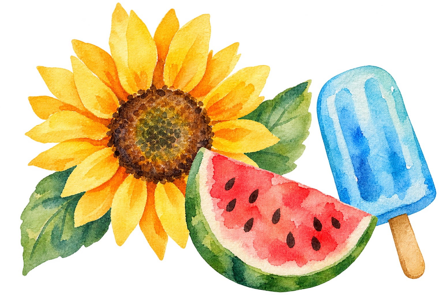 8月のひまわりとすいかとアイスイラスト