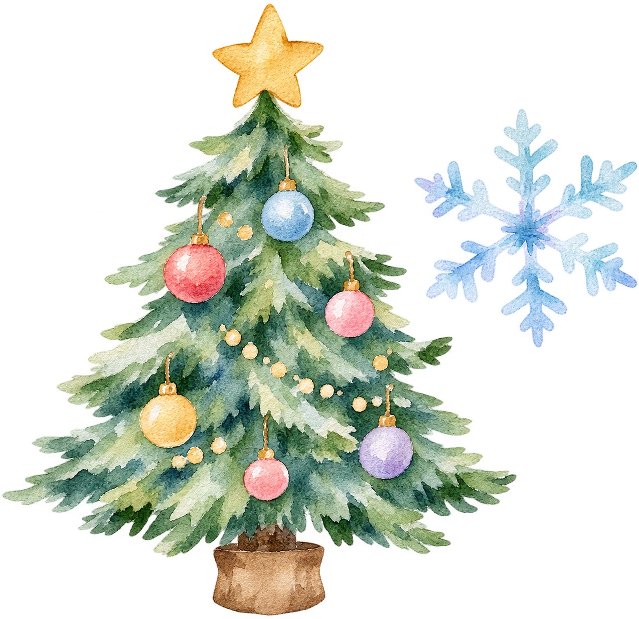 12月のクリスマスツリーと雪イラスト
