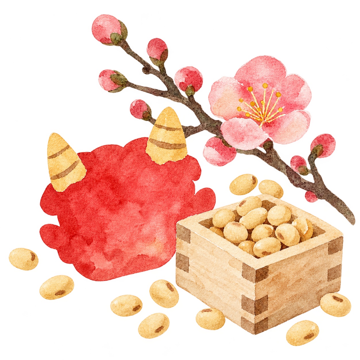 2月の節分の豆と梅の枝イラスト