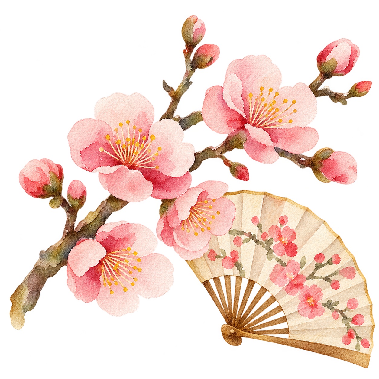 3月の梅の花と扇イラスト